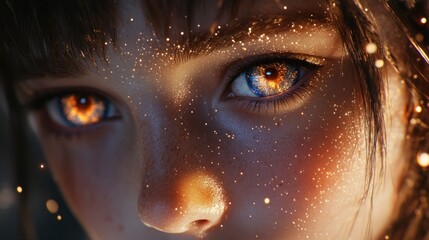 Girl's fiery eyes, dust motes, sunset background, fantasy art