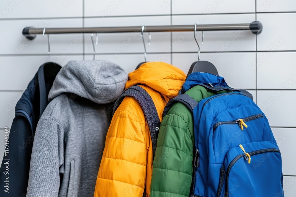 Poster an array of stylish winter coats and backpacks arranged on a rack, blending functionality with moder
