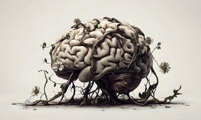 Overgrown brain with vines and flowers.