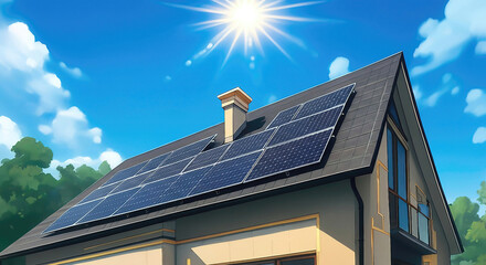 An image of a home with solar energy green plants and sunny blue sky. Solar panels on a gable roof. Beautiful, large modern house and solar energy. Rays of the sun.
