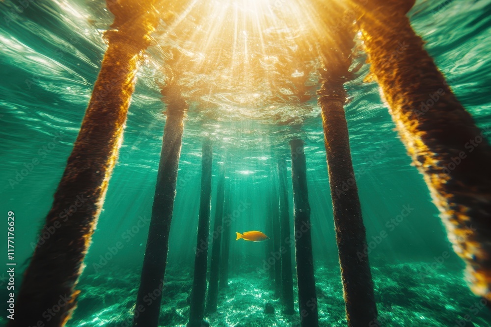Aufkleber an enchanting scene of sunlight streaming through vertical wooden poles underwater, illuminating the