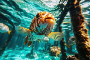 A close-up shot of a vibrant orange fish gliding gracefully underwater among wooden pillars, showcasing natural marine beauty and underwater life dynamics.