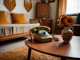 A vintage living room scene, a retro background featuring a rotary phone on a coffee table, creating a calming background and aesthetic wallpaper