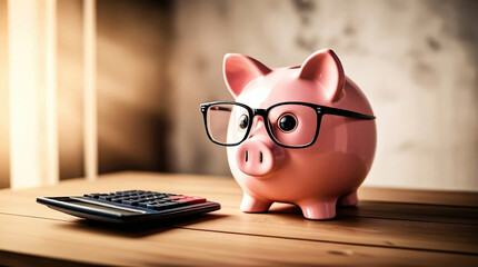 Piggy bank With Eyeglasses And Calculator On Desk. finance concept. with copy space