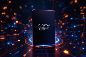 Digital product passport displayed in a glowing futuristic style, surrounded by vibrant blue and orange lights on a dark background. Concept of technology. Ai generative
