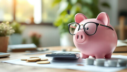 Piggy bank With Eyeglasses And Calculator On Desk. finance concept. with copy space