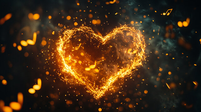 Fiery glowing heart with musical notes and sparks on dark background. Valentine's Day background
