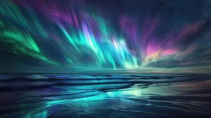A vibrant aurora lights up the night sky above a serene beach, with green, purple, and blue hues dancing over calm ocean waves. The sand glows softly, creating a surreal atmosphere