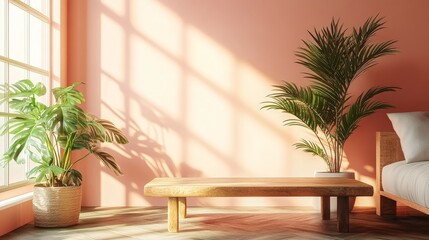 Fototapeta premium A stylish living room with peach-colored walls, a wooden coffee table, and greenery, evoking warmth and minimalism.