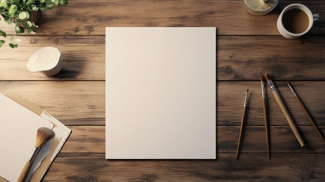 Blank paper on wooden desk with art supplies.