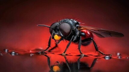 Fototapeta premium Close-up of fly on reflective surface with red background
