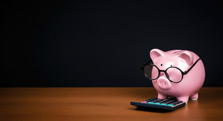 Piggy bank With Eyeglasses And Calculator On Desk. finance concept. with copy space