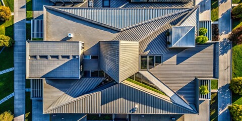 Obraz premium Aerial View Geometric Gray Building Exterior Modern Architecture Drone Shot