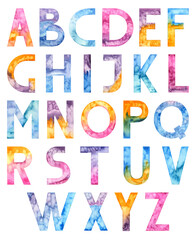 Hand drawn watercolor colored alphabet font. Vertically positioned. For print, postcard, cover, poster, stickers, design. Multicolored bright aquarelle type capital letters Isolated background