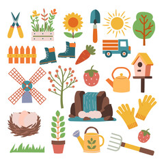 Gardening Icons: A vibrant collection of charming illustrations depicting gardening tools, plants, flowers, and nature elements. Perfect for blogs, websites, or educational materials. 