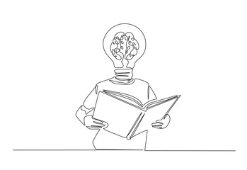 Young man with bulb head reading book in continuous one line drawing. Single line art illustration of brain,bulb head reading book. Editable vector.