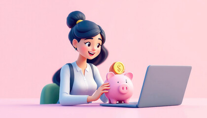 3D illustration of woman sitting with Notebook Laptop while putting coins into Piggy Bank. isolated on pink Background. 3D Illustration. 3D Person