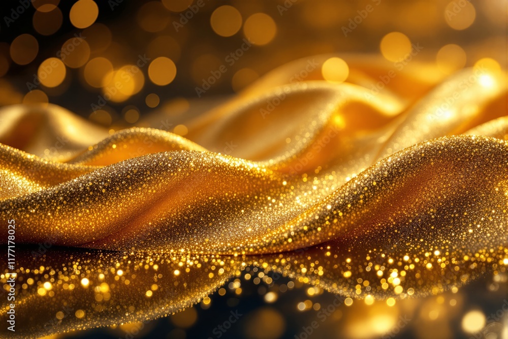 Poster golden fabric sparkling with glitter and illuminated by glowing bokeh lights, placed on a reflective