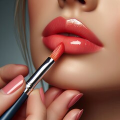 Obraz premium 104 A professional using a lip brush to apply a glossy coral lip