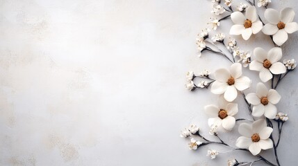 Creamy white tones and bold spring flowers create a balanced and elegant card design. Flat lay.