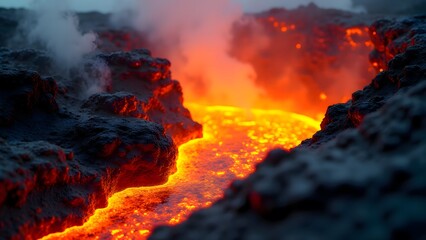 Glowing Lava River Volcanic Rocks Fiery Stream Intense Heat Dramatic Scene