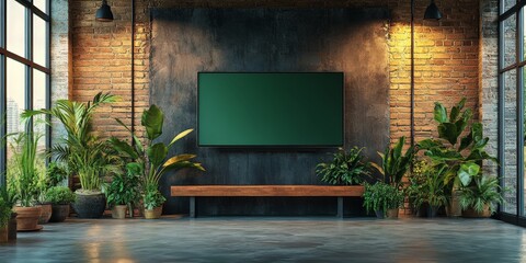 A futuristic TV studio with a wall-mounted screen, perfect for broadcasts, presentations, or virtual backgrounds in modern video productions.