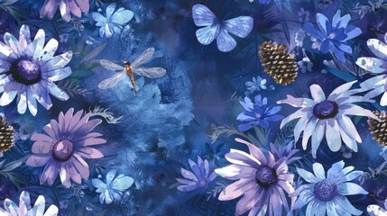 Delicate flowers and insects thrive in vivid blue tones showcasing nature's beauty in a vibrant garden setting