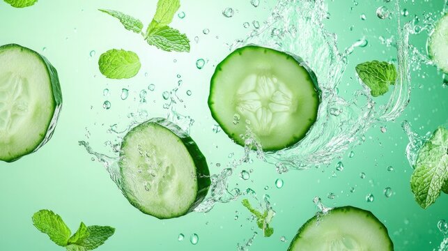 Fresh cucumber slices splash in water with mint leaves creating a refreshing essence in the kitchen