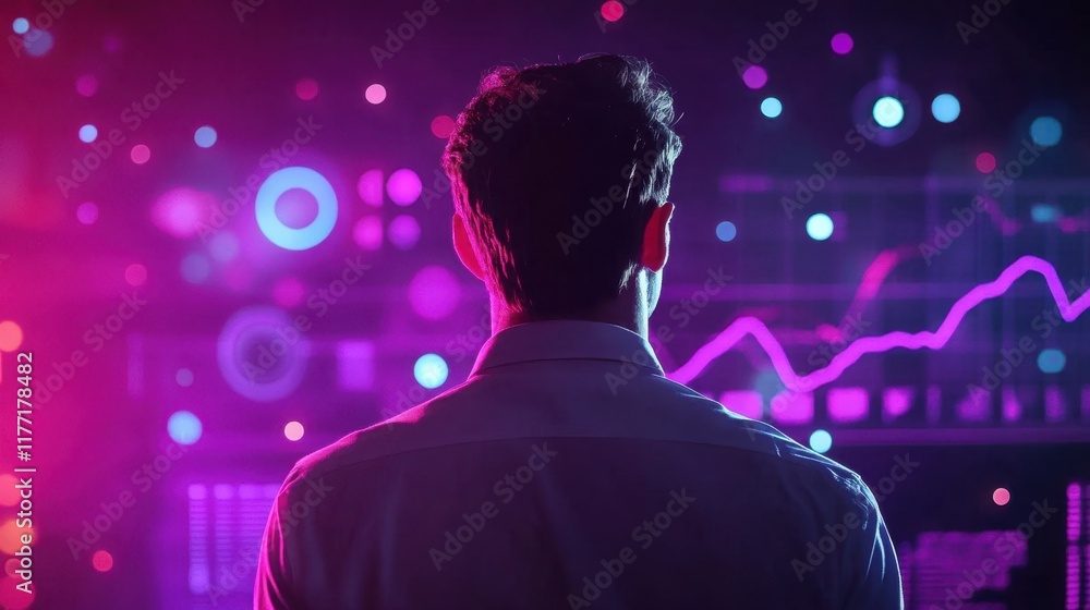 Poster person analyzing data visualizations with colorful background