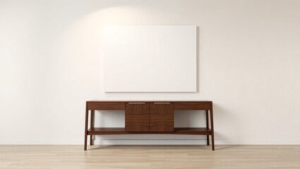 Modern wooden console table with a blank canvas above it