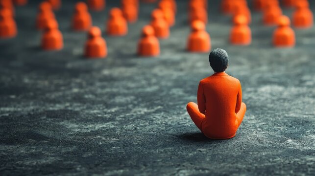 Group of orange figurines surrounding a single gray figurine in a conceptual art installation