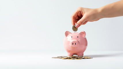 Woman' hand putting money into pink piggy bank. Business woman put money in to piggy bank. laptop on the table. business and financial concept.