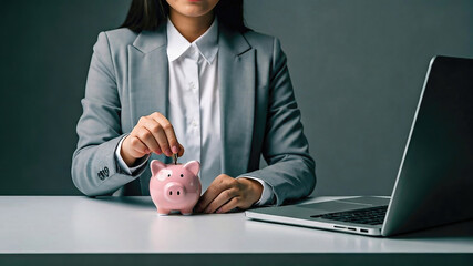 Woman' hand putting money into pink piggy bank. Business woman put money in to piggy bank. laptop on the table. business and financial concept.