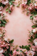 Fototapeta premium Delicate floral accents frame a rose gold pink canvas, leaving space for custom text or messages. Flat lay, top view.