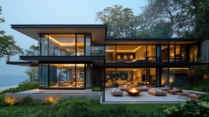 Obraz premium Modern glass cliffside villa at dusk with ocean view, illuminated interior, and fire pit patio