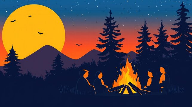 Friends gather around a campfire under a bright moonlit sky in a serene forest setting at dusk