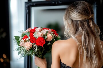 Naklejka premium An elegantly dressed woman holding a beautiful bouquet of roses stands gracefully in front of a mirror, showcasing a moment of beauty and femininity in a stylish setting.