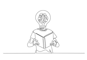 Young man with bulb head reading book in continuous one line drawing. Single line art illustration of brain,bulb head reading book. Editable vector.