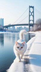 A serene white cat with bright, inquisitive eyes and Grace Across the Ice A Winter's Tale in Seoul