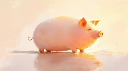 Cute and Happy Cartoon Pig Standing on Smooth Surface with Light Glow