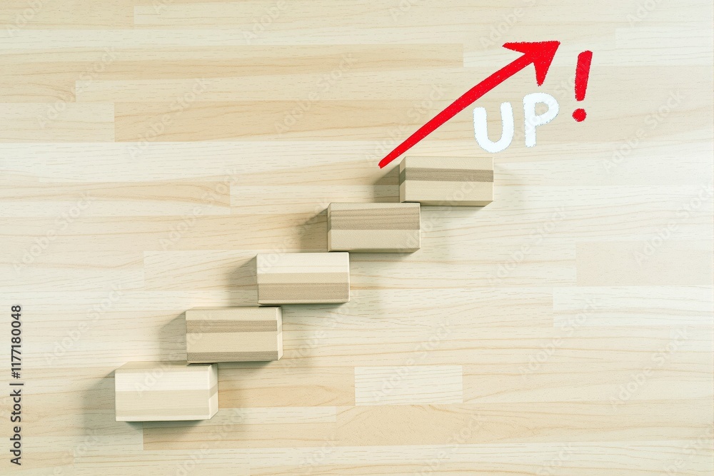 Poster wooden blocks arranged as ascending steps with a red arrow pointing upward and up! text, on a light 