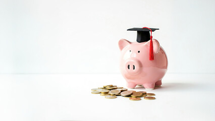 piggy bank and coins wearing a graduation cap