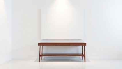 White canvas above mid century modern wooden console table
