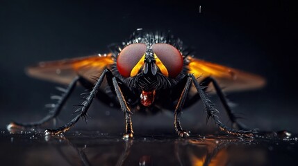 Fototapeta premium Macro view of fly on reflective surface