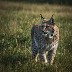 Fototapeta premium A lynx prowling through summer grasslands.