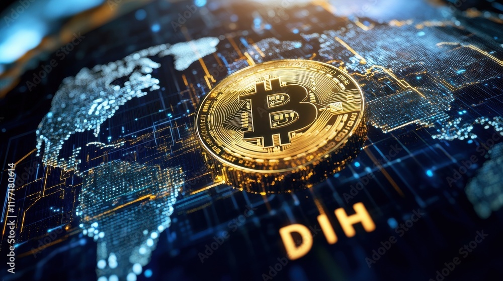 Poster blockchain technology futuristic hud background with world globe and blockchain polygon peer to peer