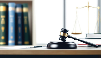 judge gavel, law books and scales of justice on desk in lawyer office. legal justice concept. Law concept. Mallet of the judge
