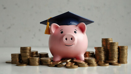 piggy bank and coins wearing a graduation cap, white background and copy space