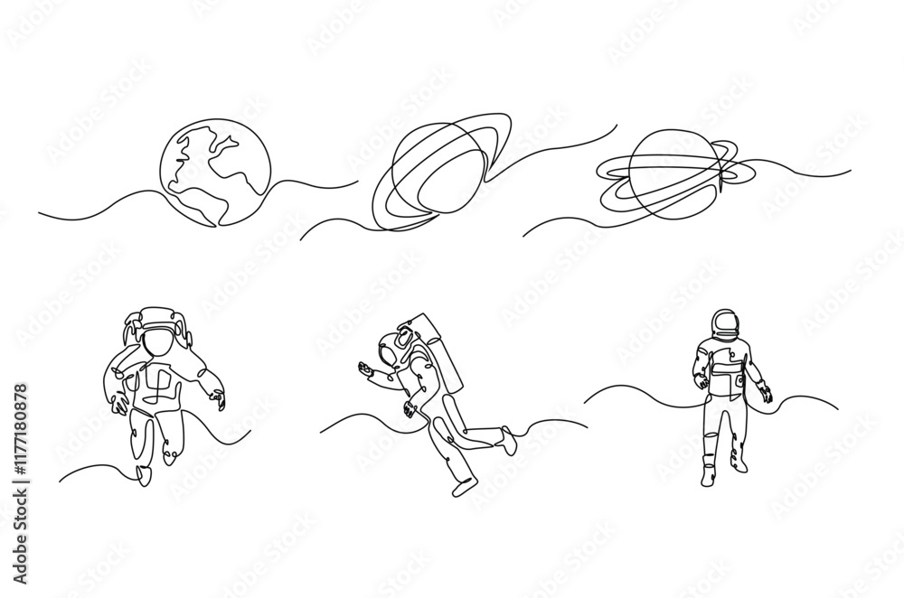 Poster astronauts and planets in continuous one line drawing. simple line art illustration of astronauts an