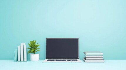 Minimalist workspace setup with a laptop, books, and green plant on a smooth mint color background, ideal for remote work and creative inspiration